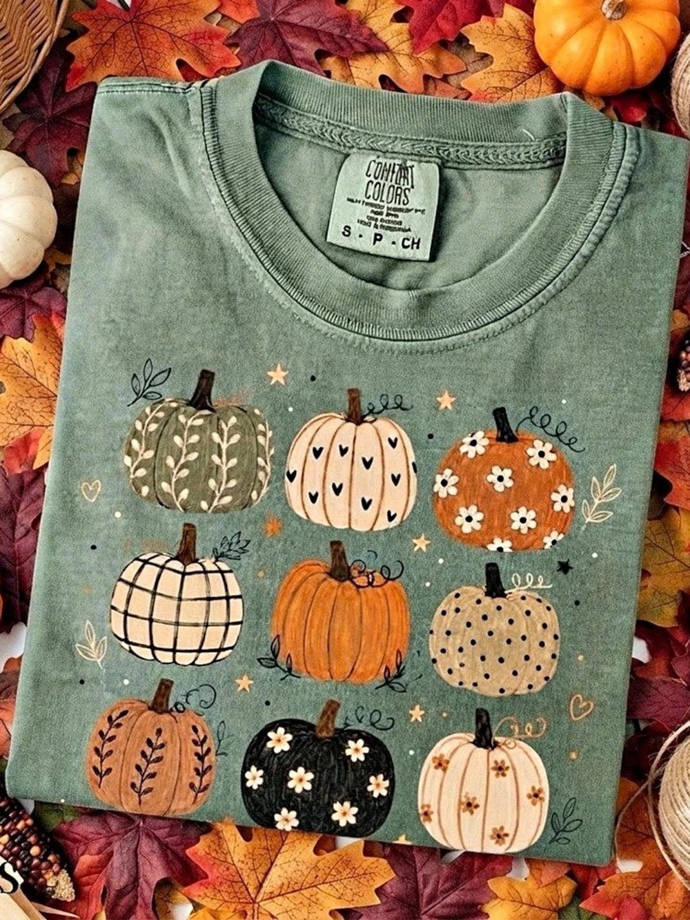 Comfort Colors Moss Fall Pumpkin Graphic T-shirt, Retro Pumpkin Design
